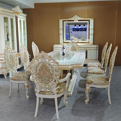 Ευρωπαικό στυλ Βασιλικό πολυτελές ξύλινο τραπεζικό σετ 8 θέσεων Καρέκλες Οικιακά έπιπλα Τροφική αίθουσα Μεγάλο κλασικό ξύλινο τραπεζικό