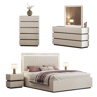 Σύγχρονη πολυτέλεια King Size Δευτερεύον κρεβάτι LED Headboard ξενοδοχείο Home Master Room πλήρες ξύλινο έπιπλο κρεβατιού