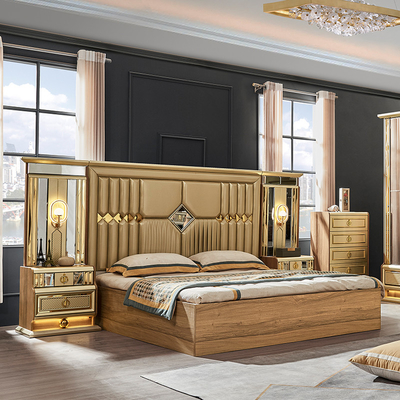 Ξύλινο μοντέρνο χρυσό king size κρεβάτι διπλό master room βίλα σπίτι βασιλικό full queen ξύλινο πολυτελές έπιπλα κρεβατοκάμαρα