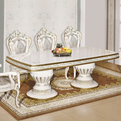 Λευκό Αρχαίο Κλασικό ξύλινο τραπεζικό σετ 6 καρέκλες καθιστικό ευρωπαϊκό βασιλικό μεγάλο ξύλο πολυτελή σπιτικό σετ τραπεζαρίας έπιπλα