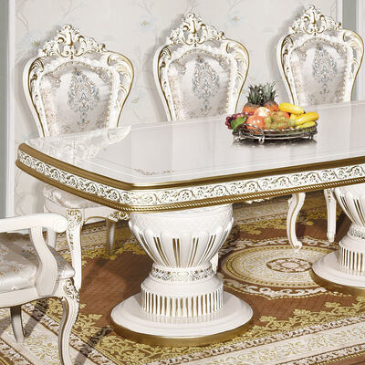 Λευκό Αρχαίο Κλασικό ξύλινο τραπεζικό σετ 6 καρέκλες καθιστικό ευρωπαϊκό βασιλικό μεγάλο ξύλο πολυτελή σπιτικό σετ τραπεζαρίας έπιπλα