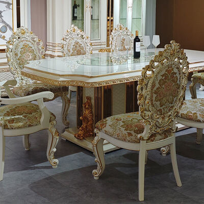 Ευρωπαικό στυλ Βασιλικό πολυτελές ξύλινο τραπεζικό σετ 8 θέσεων Καρέκλες Οικιακά έπιπλα Τροφική αίθουσα Μεγάλο κλασικό ξύλινο τραπεζικό