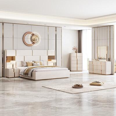 New Design Πολυτελές king size κρεβάτι διπλό μοντέρνο σετ επίπλων κρεβατοκάμαρας Ξύλινα σετ κρεβατοκάμαρας με τραπεζάκι Συρταριέρα