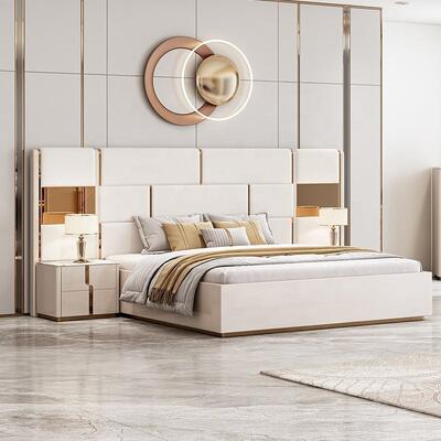 New Design Πολυτελές king size κρεβάτι διπλό μοντέρνο σετ επίπλων κρεβατοκάμαρας Ξύλινα σετ κρεβατοκάμαρας με τραπεζάκι Συρταριέρα
