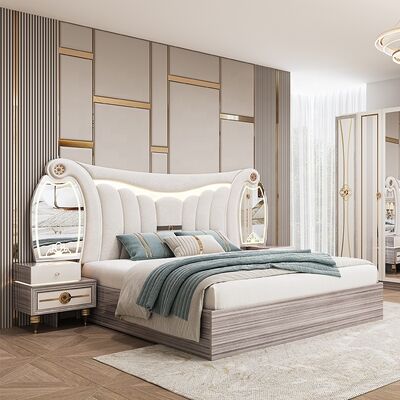 Σετ επίπλων υπνοδωματίου King Size Modern Luxury με φωτιζόμενη κεφαλή, διπλό κρεβάτι, ξύλινο σκελετό, πλήρες τουρκικό σετ υπνοδωματίου Master