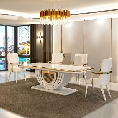 White Gold Luxury Dining Room Furniture Modern Dining Table Set 6 Seater Chairs Rectangle Home Restaurant Wooden Dining Room Set