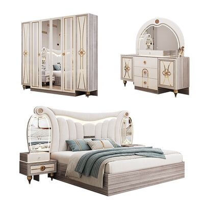 Σετ επίπλων υπνοδωματίου King Size Modern Luxury με φωτιζόμενη κεφαλή, διπλό κρεβάτι, ξύλινο σκελετό, πλήρες τουρκικό σετ υπνοδωματίου Master
